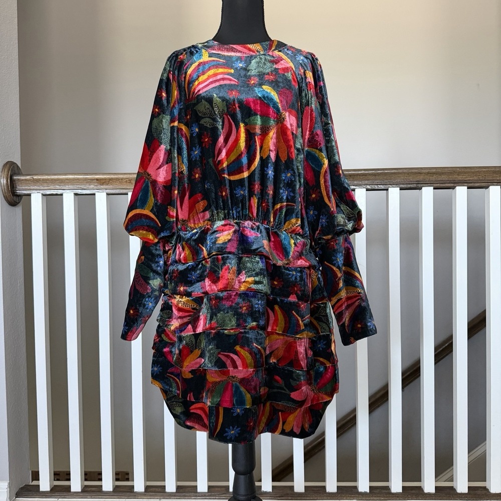 NWT Farm Rio Banana Sky Velvet Mini Dress Large Tiered Floral Tropical MSRP $295